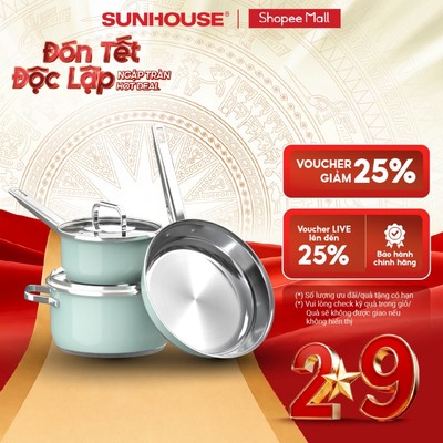 Bộ nồi chảo Inox 304 Sunhouse SHG608 - Gồm 2 nồi 1 quánh - Inox 304 bền bỉ - Đáy 3 lớp -Dùng mọi loại bếp
