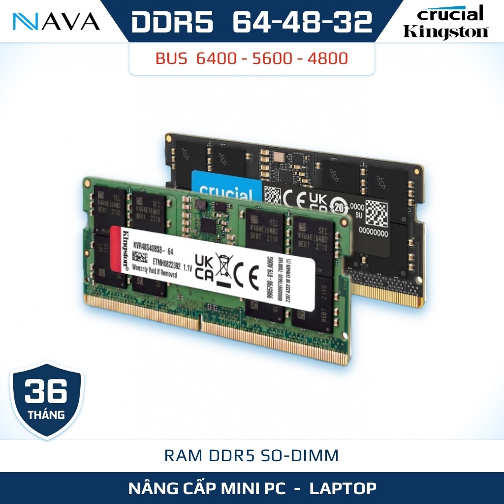 [Like New] RAM Laptop DDR5 64GB 48GB 32GB Bus 6400 5600 - Kingston Samsung Crucial Lexar BH 03 Năm