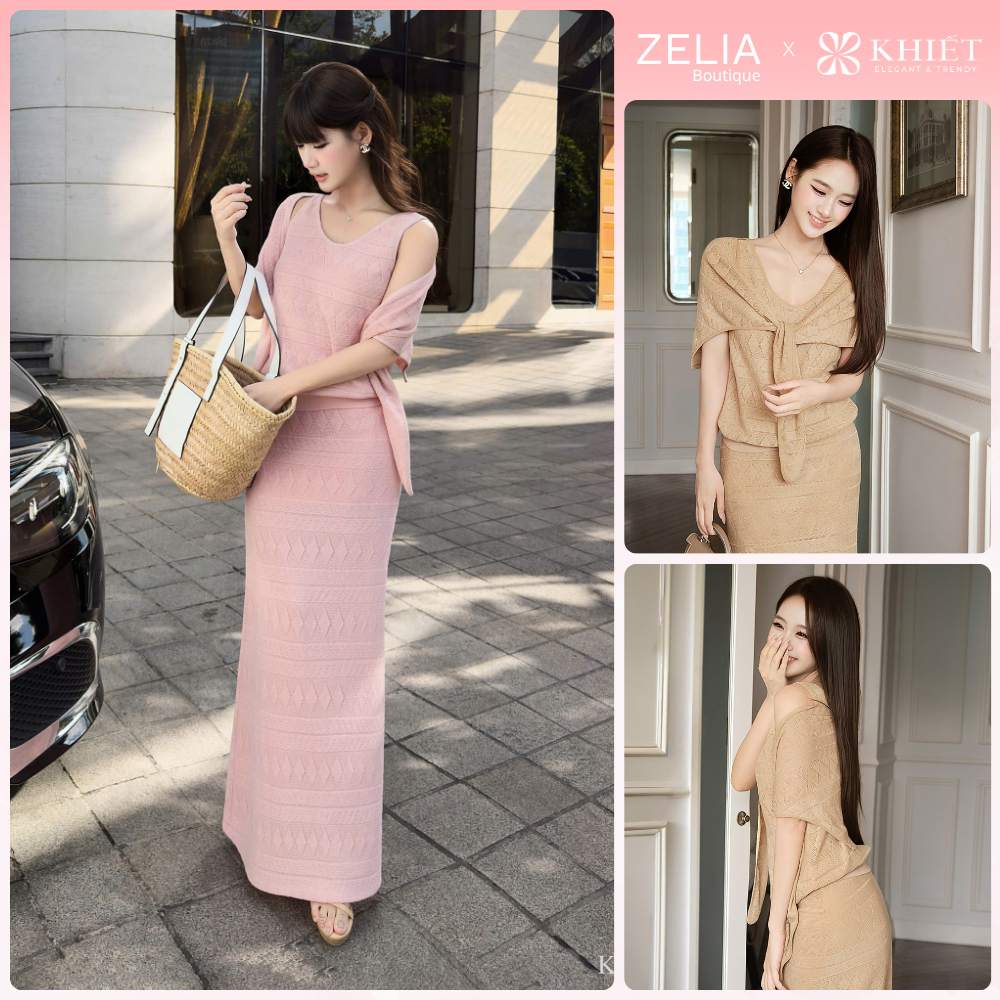 [Khiết x Zelia] Set áo và chân váy dáng dài thun dệt họa tiết kèm khăn choàng phong cách thanh lịch 