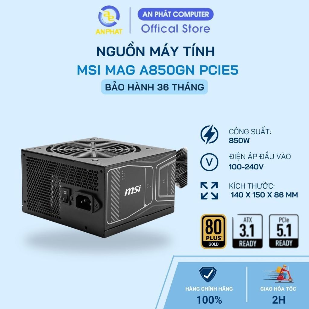 Nguồn máy tính MSI MAG A850GN PCIE5 (850W/ 80 Plus Gold/ ATX/ Đen) - Hàng chính hãng | Bảo hành 36 t
