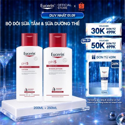 Bộ đôi Sữa tắm & dưỡng thể sáng da da nhạy cảm Eucerin pH5 Sensitive Washlotion 200ml & Brightening Body Lotion 250ml