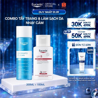 [Version Trải nghiệm] Combo tẩy trang & làm sạch da nhạy cảm Eucerin Dermato Micellar 200ml & pH5 Facial Cleanser 100ml