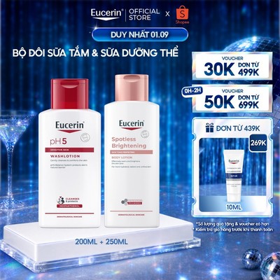Bộ đôi Sữa tắm & dưỡng thể sáng da da nhạy cảm Eucerin pH5 Sensitive Washlotion 200ml & Brightening Body Lotion 250ml