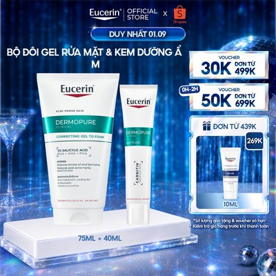 Bộ đôi Eucerin Gel rửa mặt Correcting Gel To Foam 75ml & Kem dưỡng ẩm kiểm soát nhờn Mat Fluid 40ml