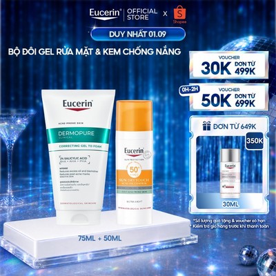 Bộ đôi Eucerin Gel rửa mặt Correcting Gel To Foam 75ml & Kem chống nắng kiềm dầu & ngừa mụn Sun Dry Touch SPF50+ 50ml
