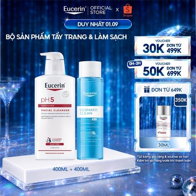 Bộ sản phẩm tẩy trang & làm sạch sâu cho da nhạy cảm Eucerin DermatoClean Micellar 3in1 400ml& pH5 Facial Cleanser 400ml