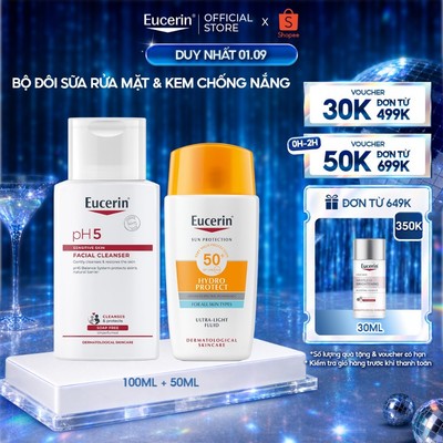 Bộ Sữa Rửa Mặt Da Nhạy Cảm Eucerin pH5 Sensitive Facial Cleanser 100ml & Kem chống nắng Hydro Ultra Light SPF 50+ 50ml