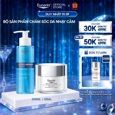 Bộ sản phẩm chăm sóc da nhạy cảm Eucerin Dermopair Solution Cleansing Gel 200ml& UltraSENSITIVE Aquaporin Gel Cream 50ml