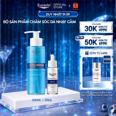 Bộ sản phẩm chăm sóc da nhạy cảm Eucerin Dermopair Solution Cleansing Gel 200ml & UltraSENSITIVE Repair Serum 30ml