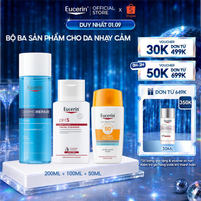 Bộ ba sản phẩm da nhạy cảm pH5 Facial Cleanser 100ml, Toner Dermato 200ml & Kem chống nắng Eucerin Hydro SPF 50+ 50ml