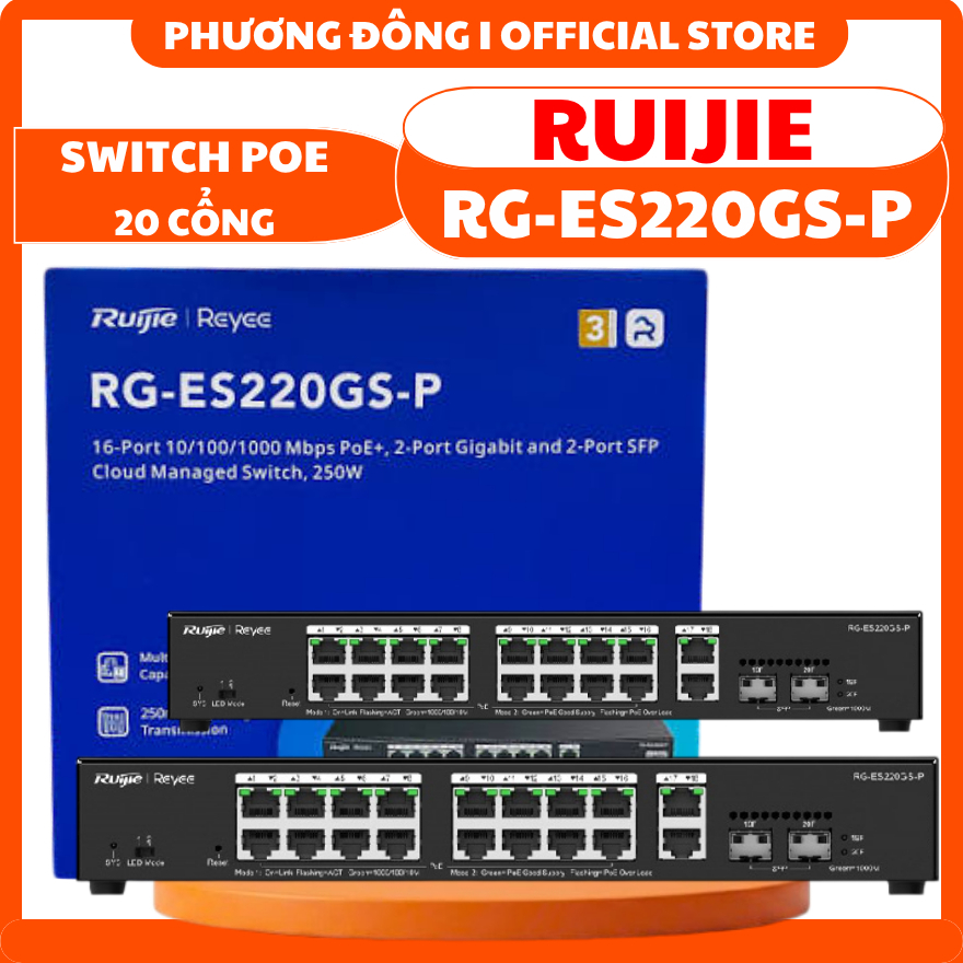 SWITCH POE 20 CỔNG RUIJIE RG-ES220GS-P - TỐC ĐỘ CHUYỂN MẠCH 40GBPS, MAC 16K, CHỐNG SÉT 4KV, HỖ TRỢ I