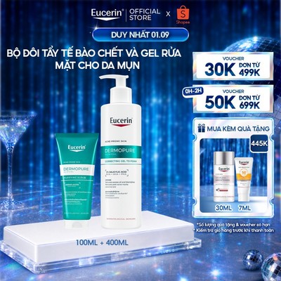 Bộ 2 Tẩy tế bào da chết Eucerin® DermoPure Clinical Purifying Scrub 100ml và Gel rửa mặt Correcting Gel To Foam 400ml
