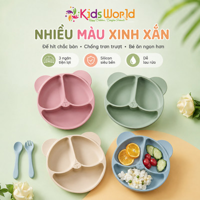 Khay Ăn Dặm Silicon KidsWorld Có Đế Hít Chống Đổ Hình Gấu 3 Ngăn Cho Bé ăn dặm có thể tiệt trùng