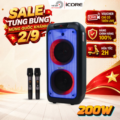 LOA KÉO KARAOKE iCORE i8 - CÔNG SUẤT 200W - 2 BASS 20CM - KÈM 2 MICRO UHF KHÔNG DÂY - THẾ GIỚI ÂM THANH