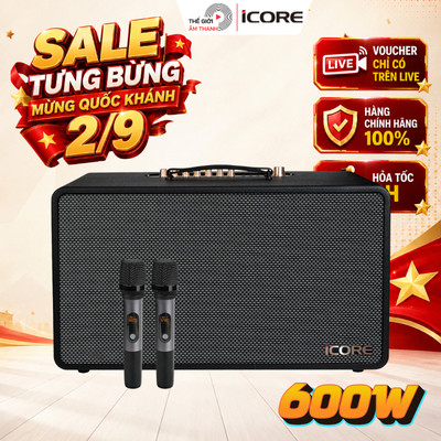 Loa Karaoke Xách Tay iCore S9 Công Suất 600W Kèm 2 Micro không dây UHF - THẾ GIỚI ÂM THANH
