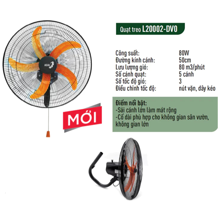 Thùng 2 quạt treo tường cổ cò Asia 80W, gió mạnh, tiếng êm, tiết kiệm điện L20002-DV0 -BH  24 THÁNG