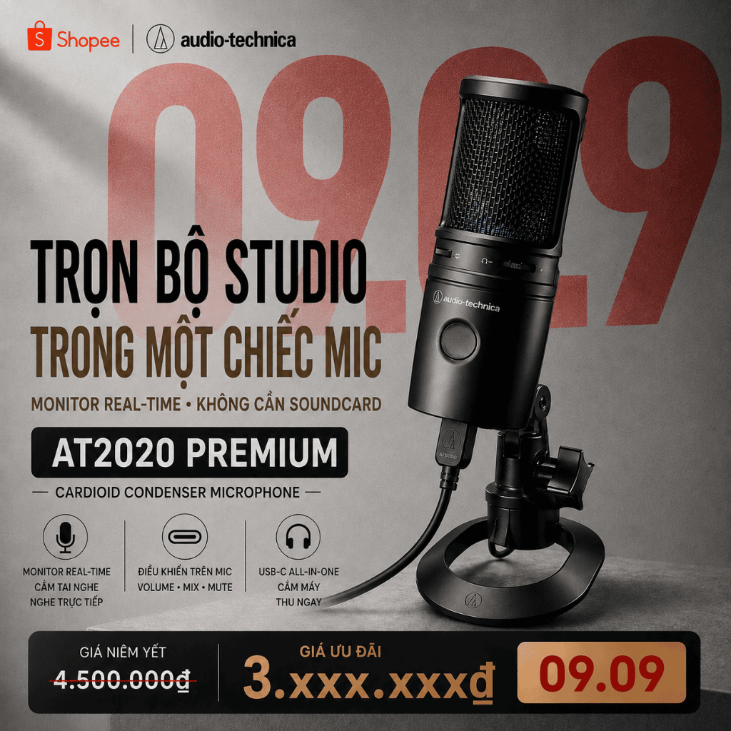 [Chính Hãng] Micro thu âm Audio-Technica AT2020 Premium USB-C Condenser Cho Livestream Podcast Studi
