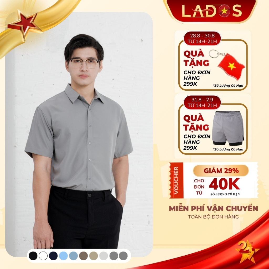 Áo Sơ Mi Trơn Vải Lụa Tay Ngắn Cho Nam LADOS - 8069