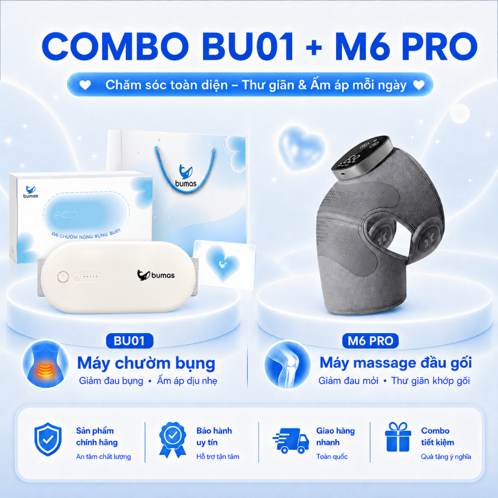 [SET QUÀ SỨC KHỎE] COMBO Đai Chườm Bụng Kinh BUMAS BU01 - Máy Massage Đầu Gối M6 Pro Giảm Đau Khớp G