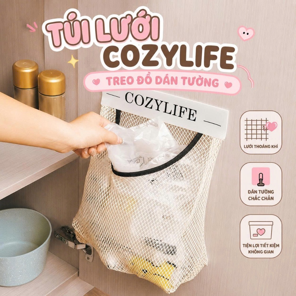 Túi lưới cozylife treo đồ dán tường 25x4x36cm
