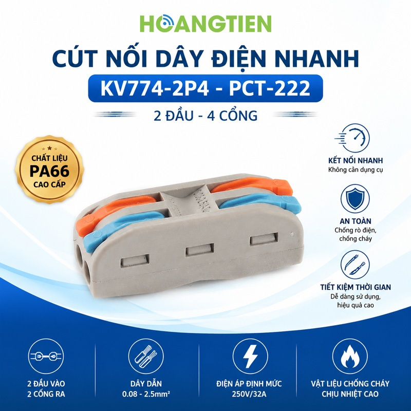 Đầu Nối Dây Điện Nhanh KV774-4P2 2 Đầu 4 Cổng | PCT-222 SPL-2 | Cút Nối Dây Điện | 32A 250V