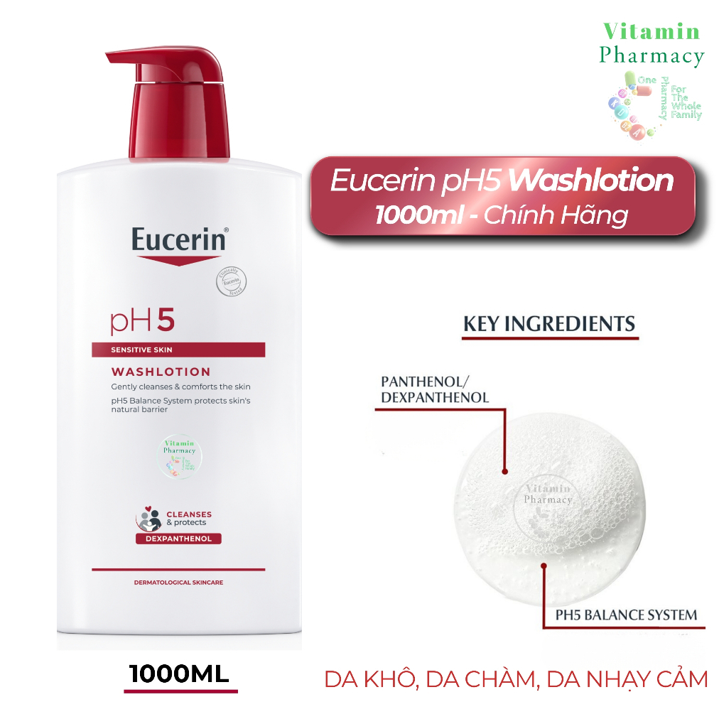 Sữa Tắm Eucerin pH5 Washlotion 1000ml Chính Hãng - Dịu Nhẹ Cho Da Khô Chàm Nhạy Cảm Cho Bé Gia Đình