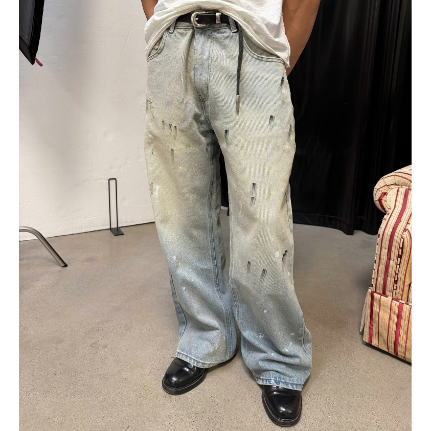 Quần Jeans Nam B Brown Ống Loe Cạp Cao Hiệu Ứng Vẩy Sơn – Painted Flare Jeans B Brown