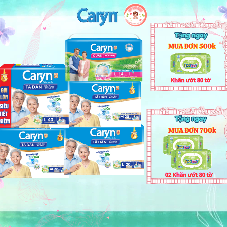 Tã dán Caryn size M40/M20/L20/XL20 - Tã quần Caryn size L14 gói lớn - Kim Ngọc