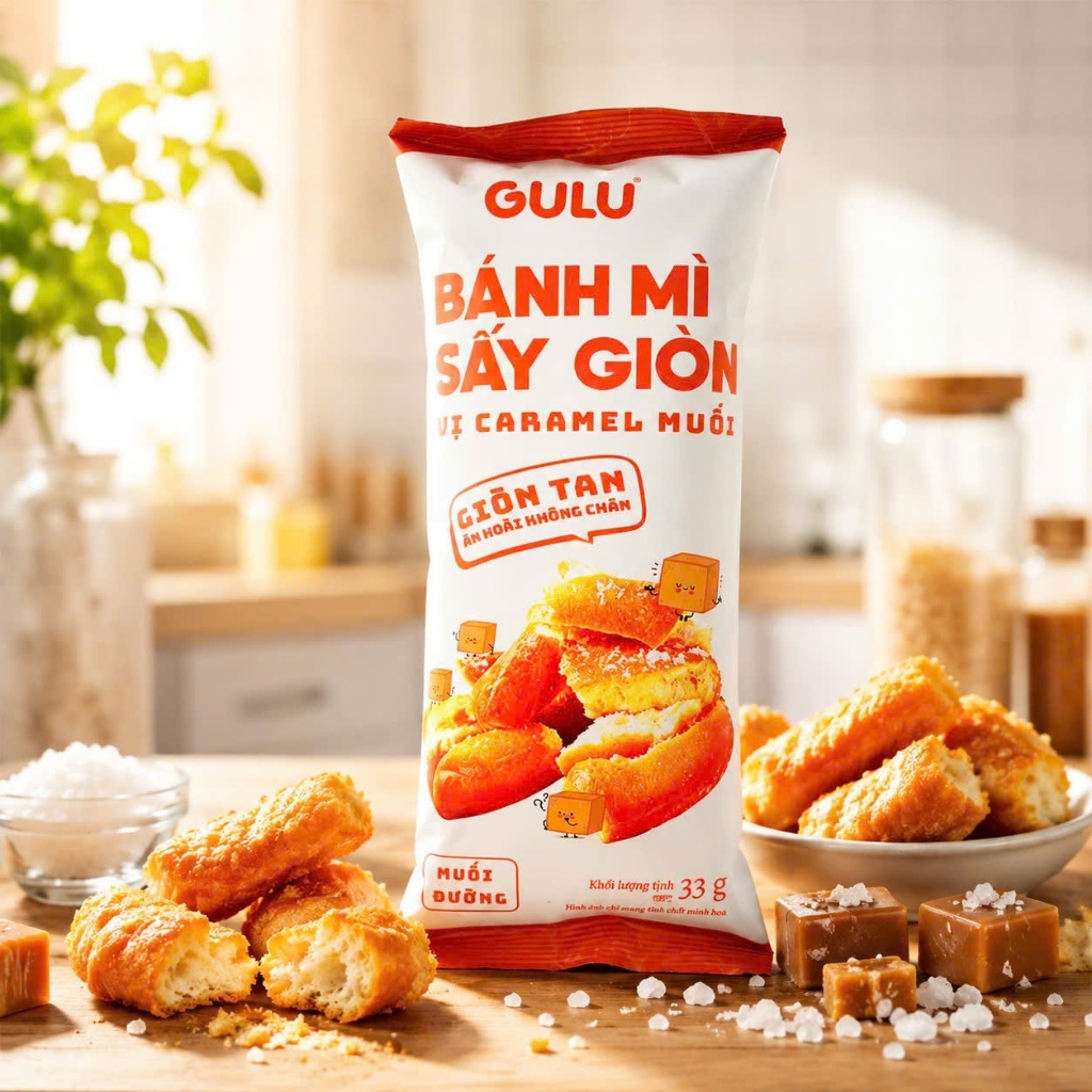 Bánh mì sấy giòn Gulu Foods gói 33gr vị Hoa nhài - Caramen muối - Chanh