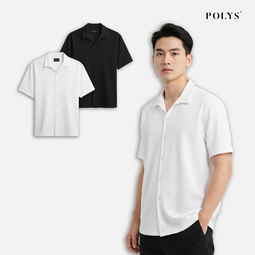 SALE HÈ Áo Sơ Mi Nam Trắng Đen POLYS Chất Square Silk Co Giãn 2 Chiều, Sơ Mi VELVET