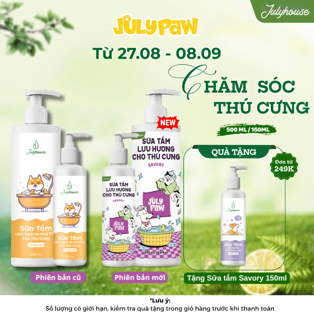 Sữa tắm khử mùi lưu hương cho chó mèo Julyhouse 150ml/500ml giúp làm sạch và mượt lông, hương thơm d
