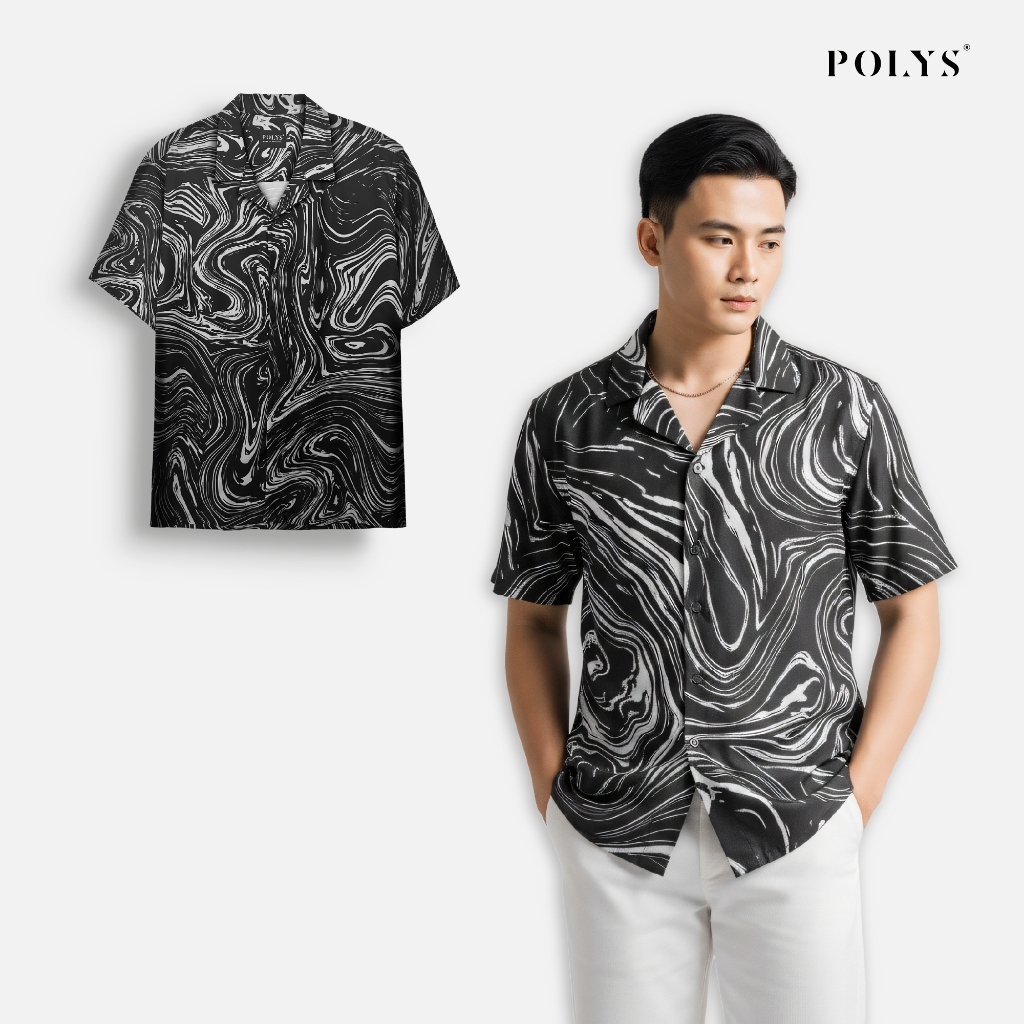 SALE HÈ Áo sơ mi nam POLYS chính hãng Lụa mịn mát, không nhăn, co giãn 4 chiều họa tiết BLACK MARBLE