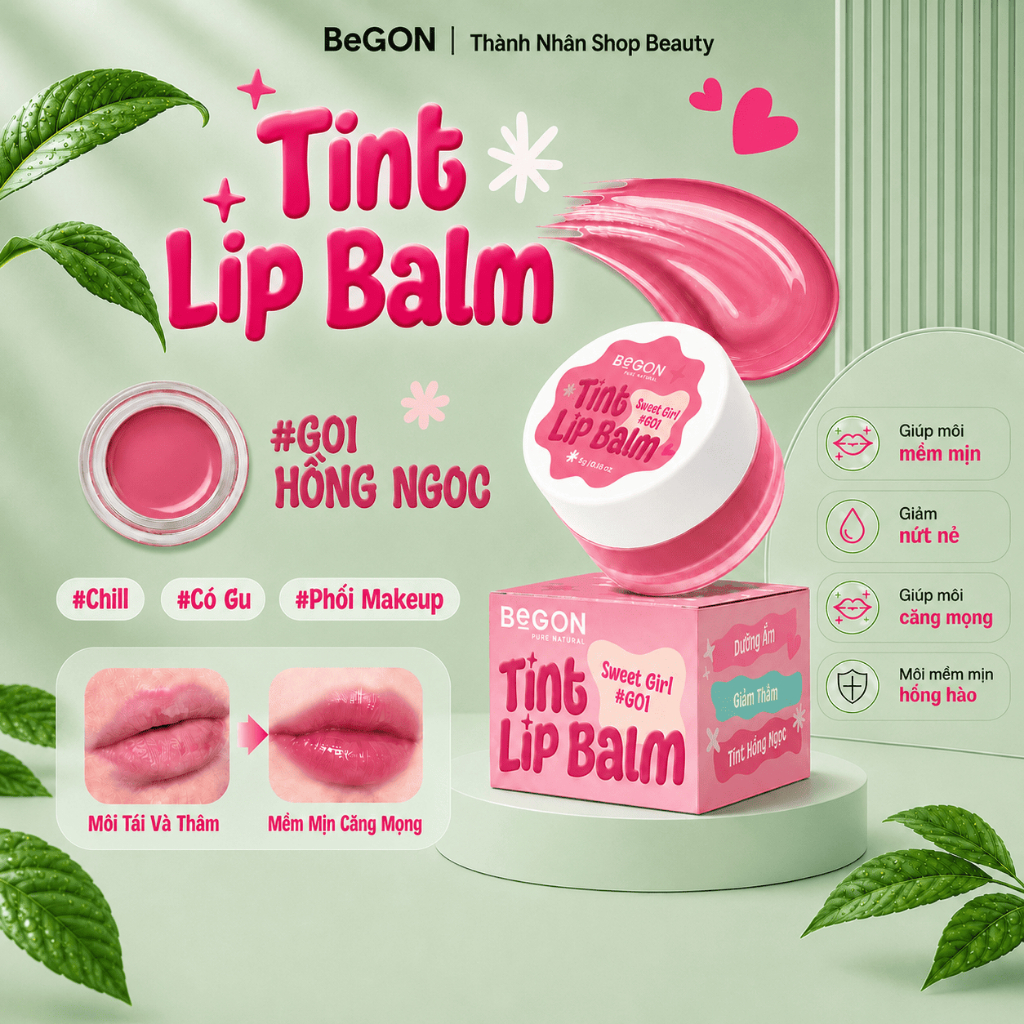 [G01  - Màu Hồng Ngọc] Son Dưỡng Môi Có Màu - Tint Lip Balm 5g | BeGON