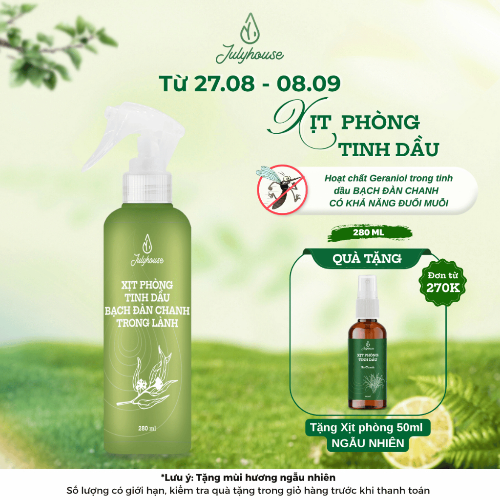 Xịt phòng Julyhouse 280ml chiết xuất từ tinh dầu Bạch đàn chanh hương thơm dịu nhẹ