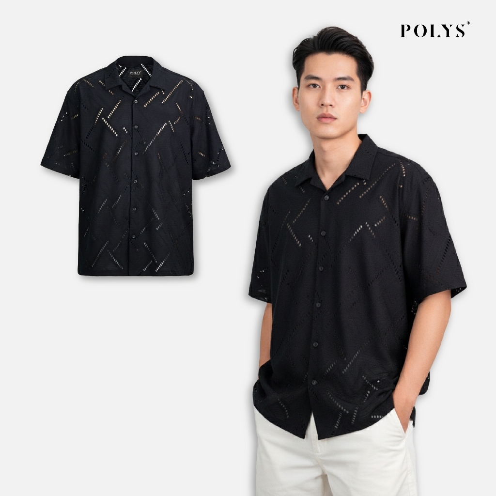 SALE HÈ Áo Sơ Mi Nam Vải Ren Có Lỗ MYSTIC BLACK