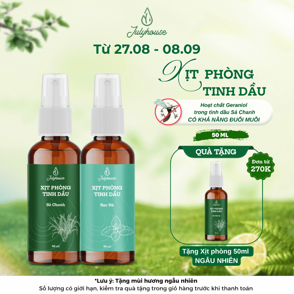 Xịt phòng tinh dầu sả chanh, bạc hà, quế JULYHOUSE 50ml khử mùi nhiều không gian