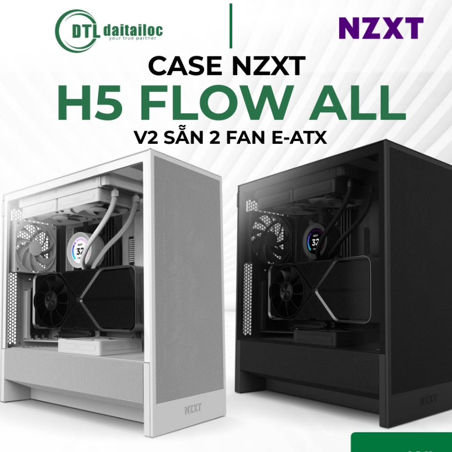CASE NZXT H5 FLOW ALL V2 SẴN 2 FAN E-ATX Đen Trắng | Chính Hãng | Bảo Hành 24 Tháng
