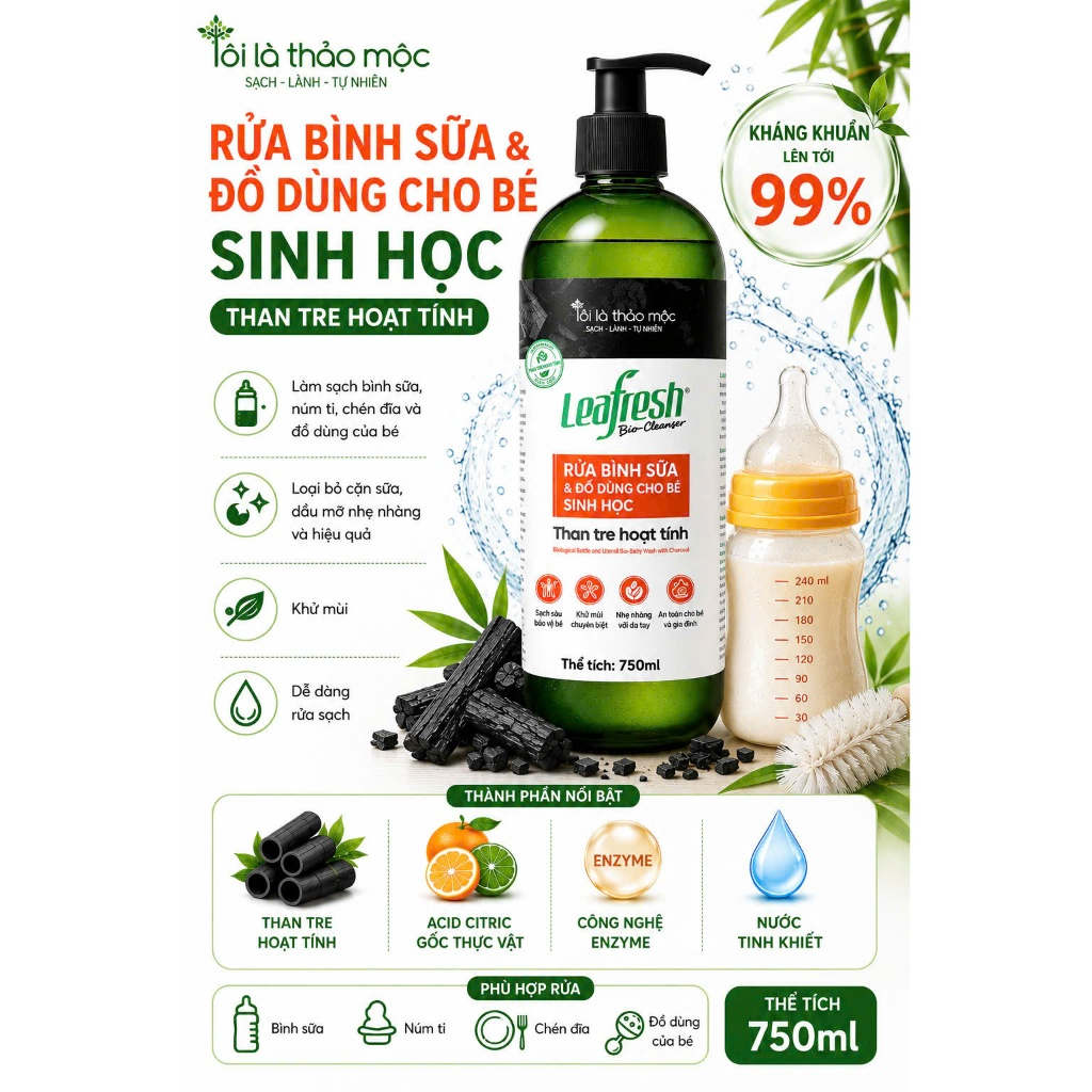 Nước Rửa Bình Sữa Leafresh Bio-Cleanser 750ml – Than Tre Hoạt Tính, Vệ Sinh Bình Sữa Và Đồ Dùng Bé