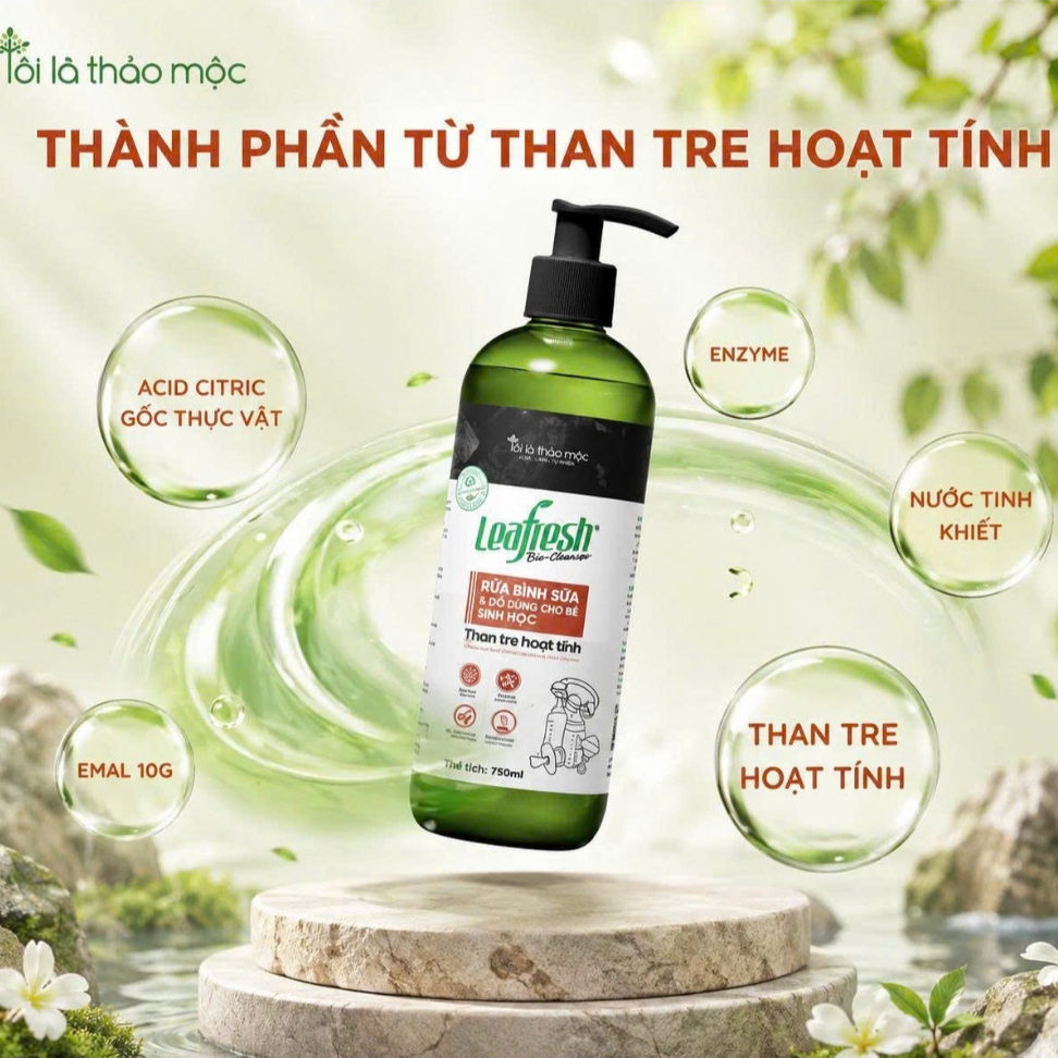 Nước Rửa Bình Sữa Leafresh Bio-Cleanser 750ml – Sinh Học Than Tre Hoạt Tính, Làm Sạch Cặn Sữa