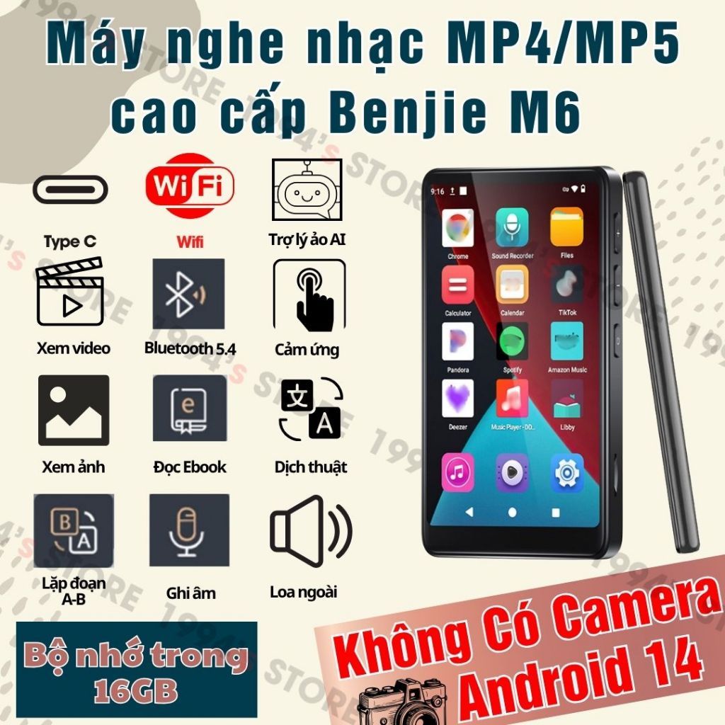 Benjie M6 - Máy Nghe Nhạc Android 14 MP4/MP5 - Bộ nhớ trong 16Gb - CÓ WiFi/Bluetooth