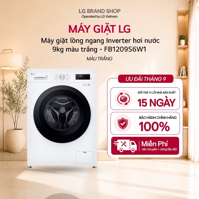 [Chỉ giao miền Bắc] Máy giặt lồng ngang LG Inverter hơi nước 9kg màu trắng - FB1209S6W1