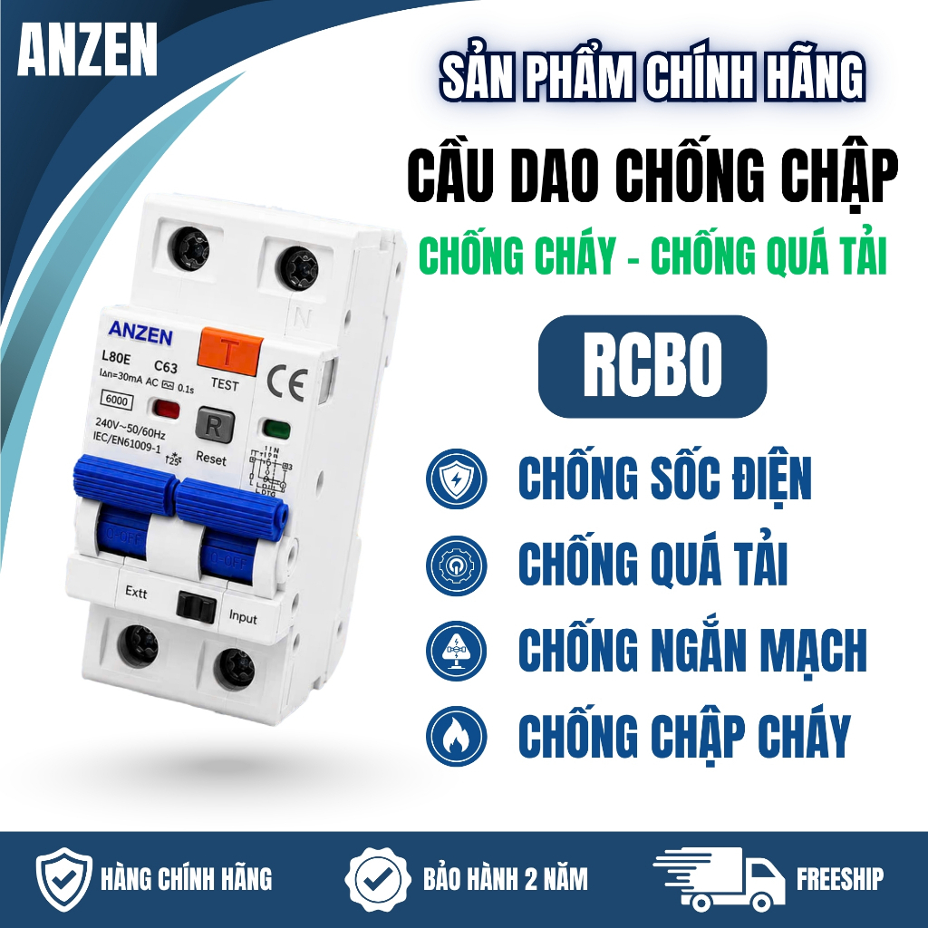Cầu Dao Chống Chập ANZEN RCBO Chống dòng rò Bảo vệ quá tải và ngắn mạch