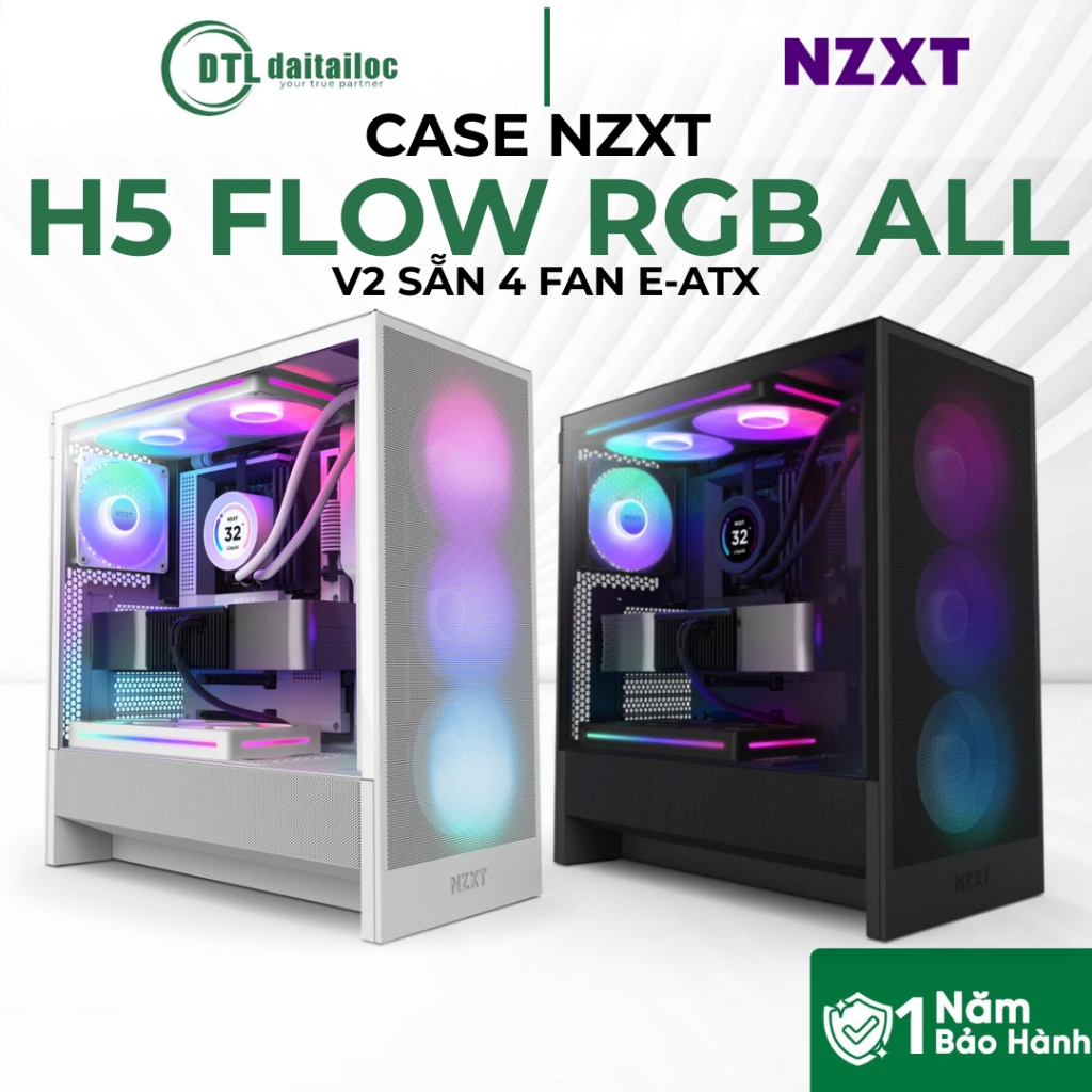 CASE NZXT H5 FLOW RGB ALL V2 SẴN 4 FAN E-ATX Đen Trắng | Chính Hãng | Bảo Hành 24 Tháng