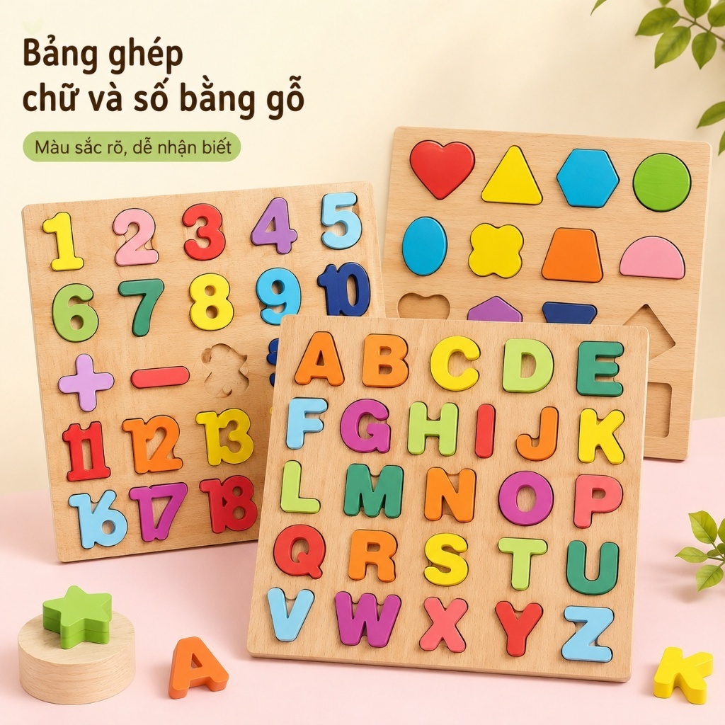 Bảng Ghép Chữ Cái Số Bằng Gỗ Nhiều Màu, Đồ Chơi Học Tập Nhận Biết Chữ Số Hình…