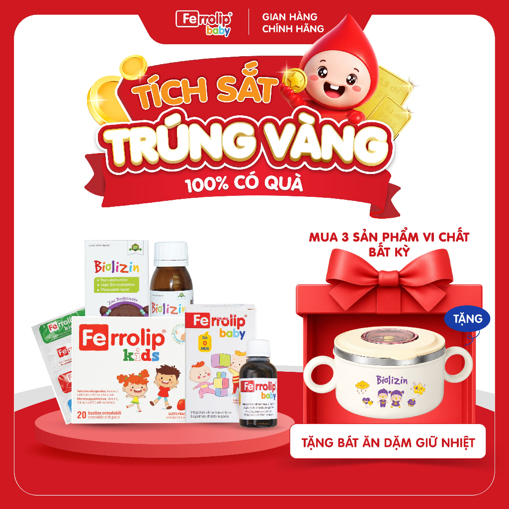 [DEAL SỐC] Mua 3 Sản Phẩm Vi Chất Bất Kỳ Sắt Ferrolip Baby, Kẽm Biolizin, Ferrolip Kids - Tặng Bát Ă