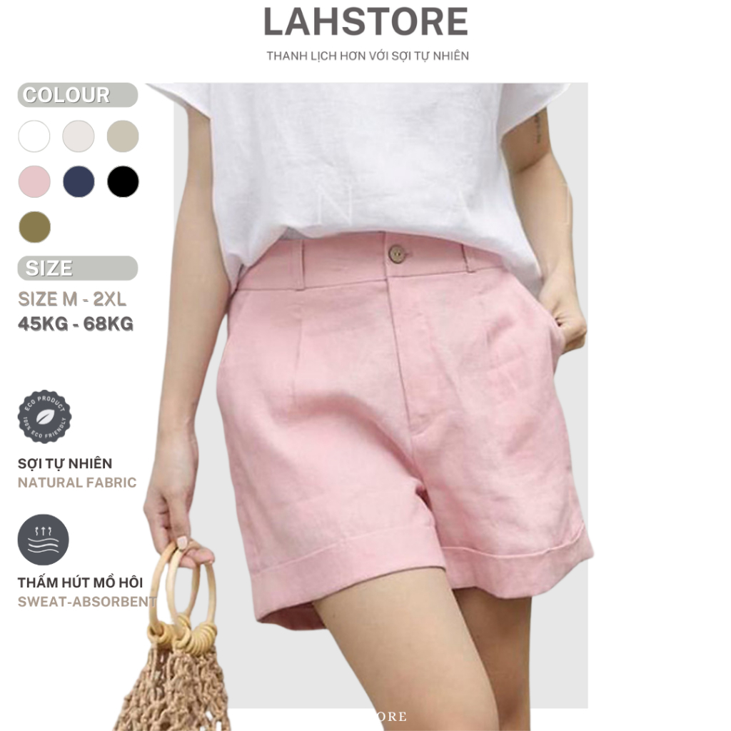 Quần đùi nữ ống rộng LAHSTORE vải linen, xắn gấu, lưng thun QS01 (Hồng, Be, Trắng, Đen, Xanh)