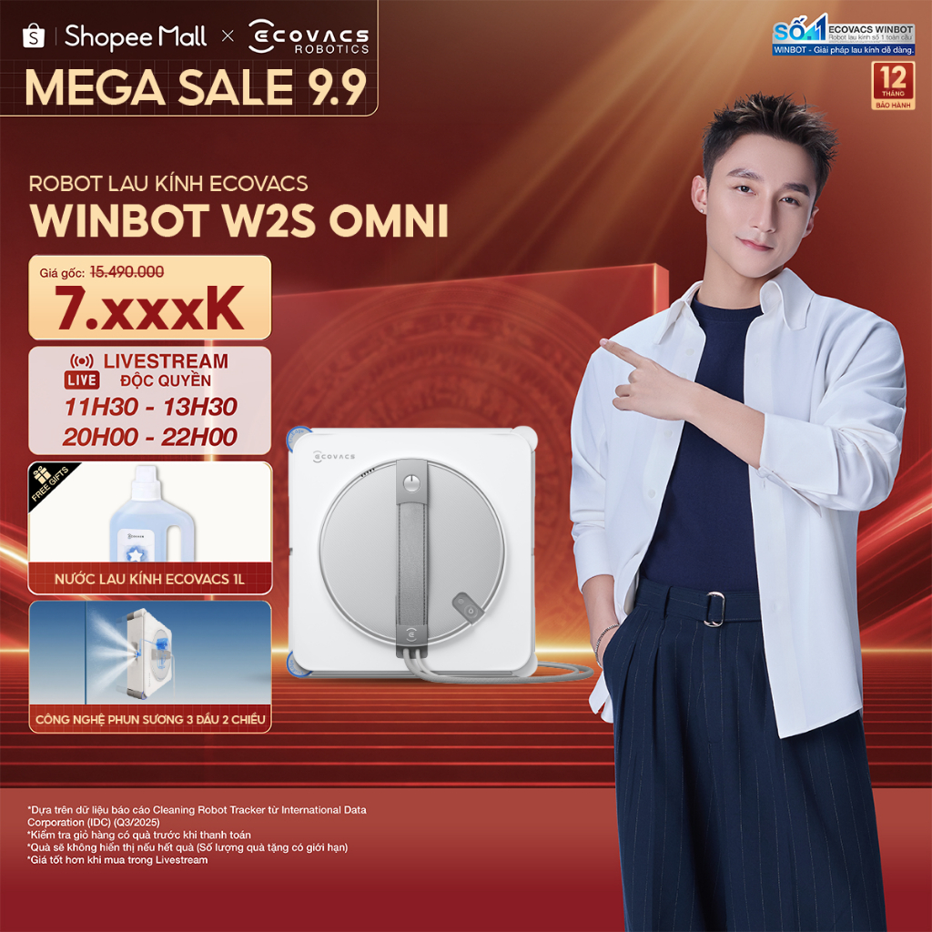 Ecovacs Winbot W2S Omni Robot lau kính thông minh | Trạm sạc đa năng di động | Lực hút tối đa 8.000 