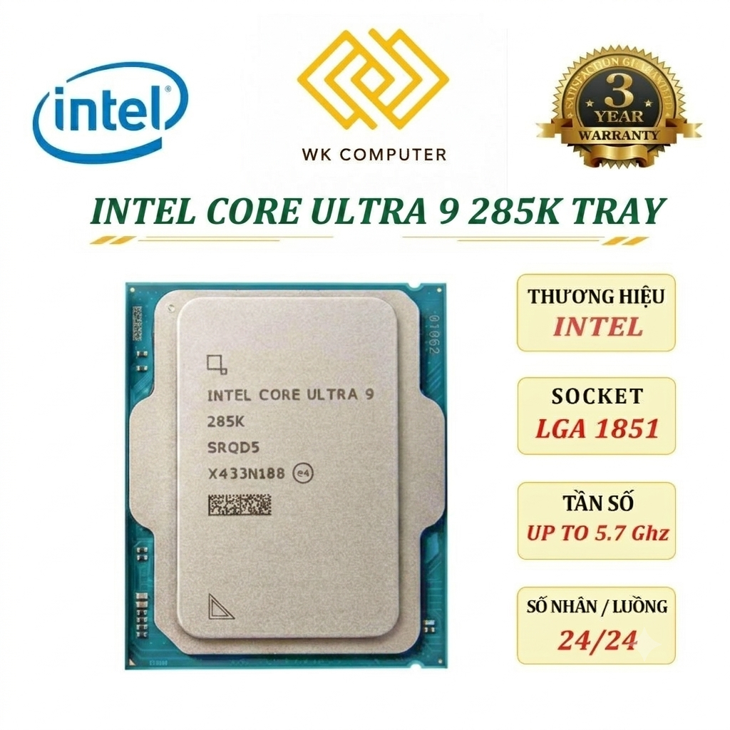 Vi xử lý CPU Intel Core Ultra 9 285K Tray - 24 Nhân 24 Luồng | Xung Nhịp 5.7 GHz | LGA 1851 (BH 36T)
