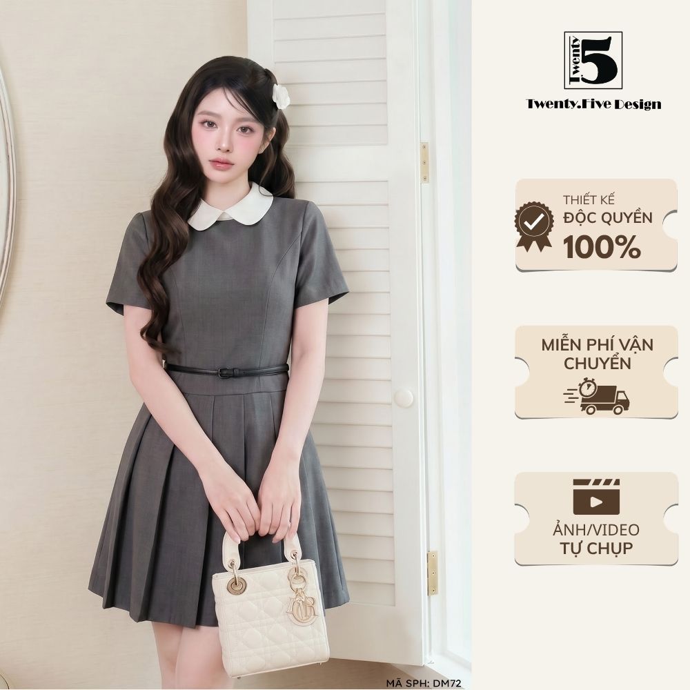 Đầm công sở cổ sen, dáng chữ A xếp ly kèm đai eo thiết kế thanh lịch sang trọng đi làm dạo phố -  Tw