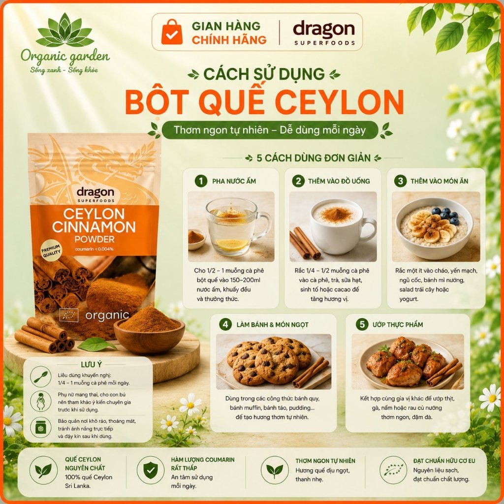 Bột quế hữu cơ Dragon Superfoods 150g Ceylon Cinnamon Powder